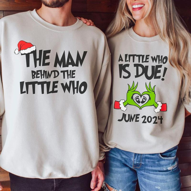 Personalized A Little Who Is Due Couple Sweatshirt, Mommy To Be Shirt, New Dad Shirt, Christmas Pregnancy Reveal Sweatshirt, Christmas Holiday Maternity Sweatshirt, Christmas Pregnant Shirt, Baby Reveal Xmas Party Shirt