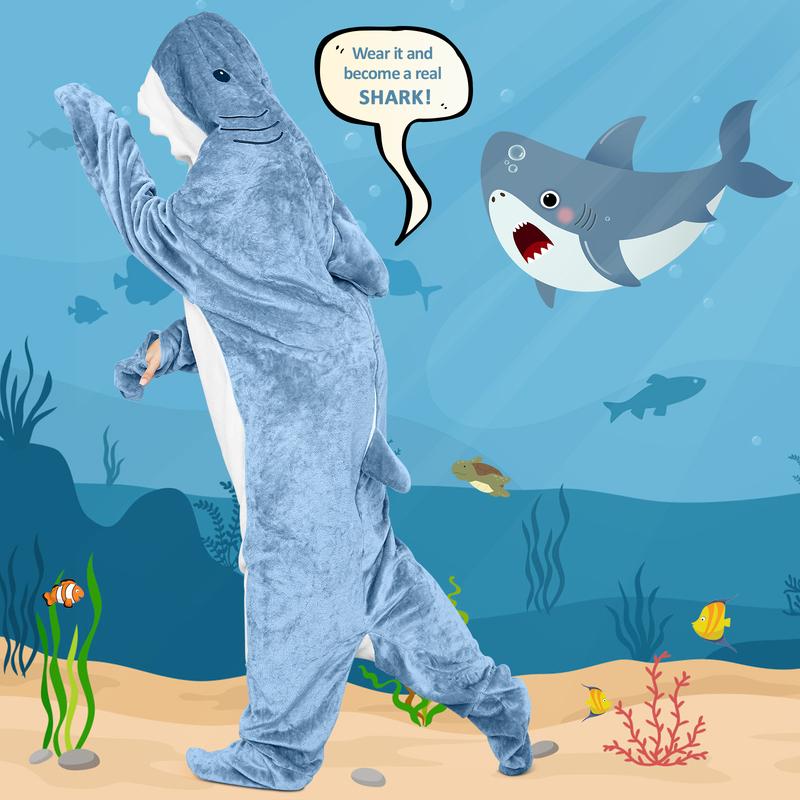 Shark Blanket Hoodie Onesie for Adults and Kids, Cozy Flannel Shark Costume Shark Sleeping Bag Loungewear Pajama