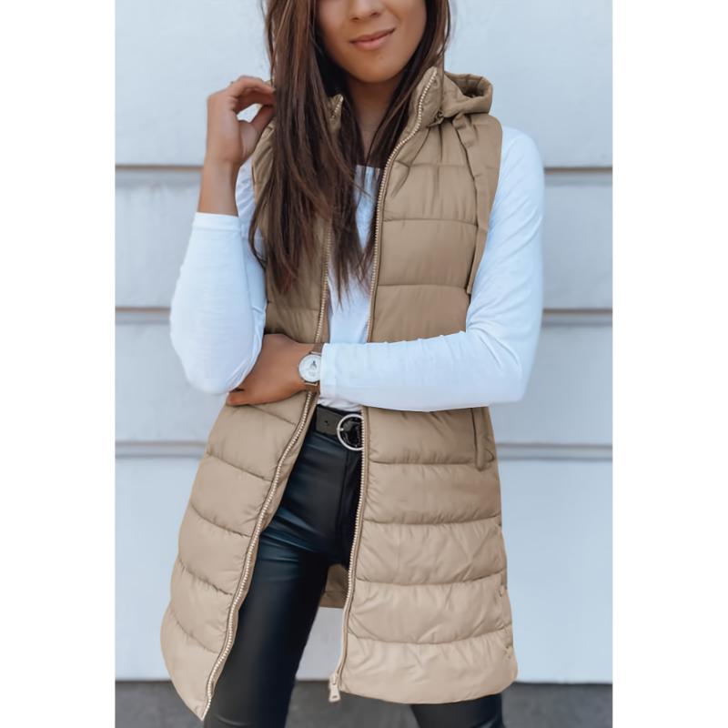 Women Long Vest Solid Color Sleeveless Hood Winter Puffer Vest Outwear