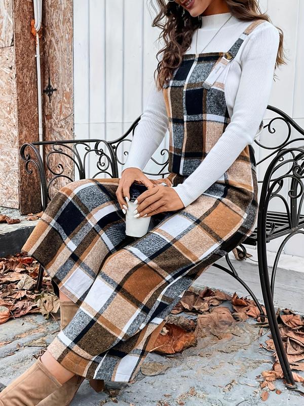 Women's Plaid Print Button Pinafore Dress without Inner Top, Elegant Sleeveless Overalls for Spring & Fall, Women's Clothes for Daily Wear