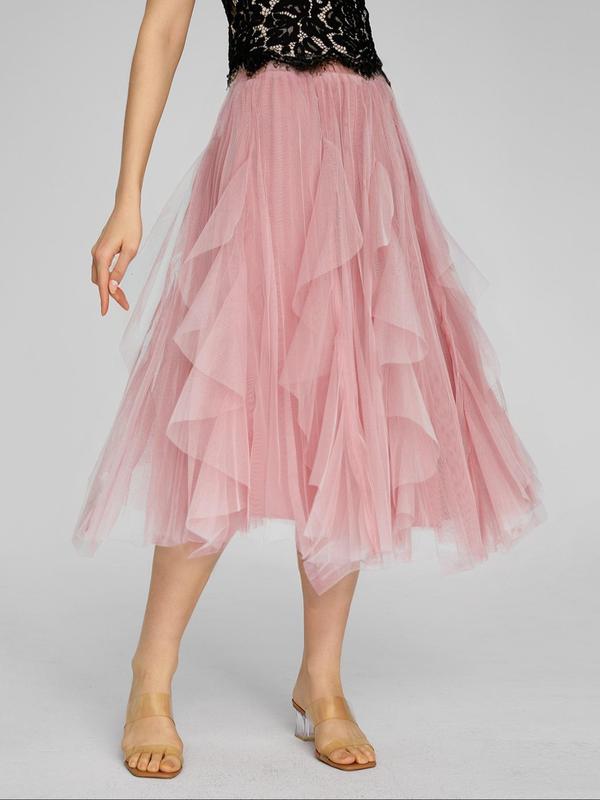 Women's Plain Draped Ruffle Pleated Tulle Vintage Skirt, Elegant Midi A-line Skirt for Party Dating Wear, Ladies Spring & Fall Bottoms