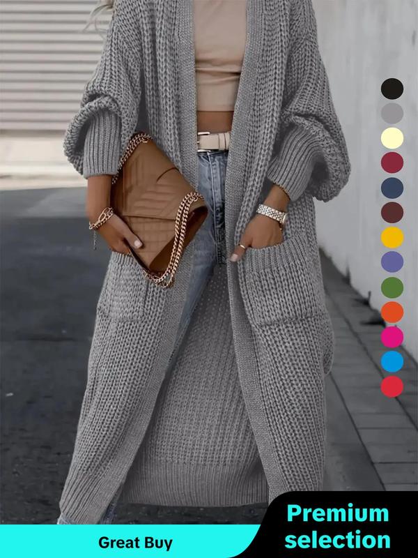 Women's Solid Drop Shoulder Long Cardigan, Casual Pocket Long Sleeve Sweater Cardigan, Cardigan for Women, Ladies Knitwear for Fall Daily Wear, Comfort Knitting Womenswear Tops Longsleeves Basic Minimalist