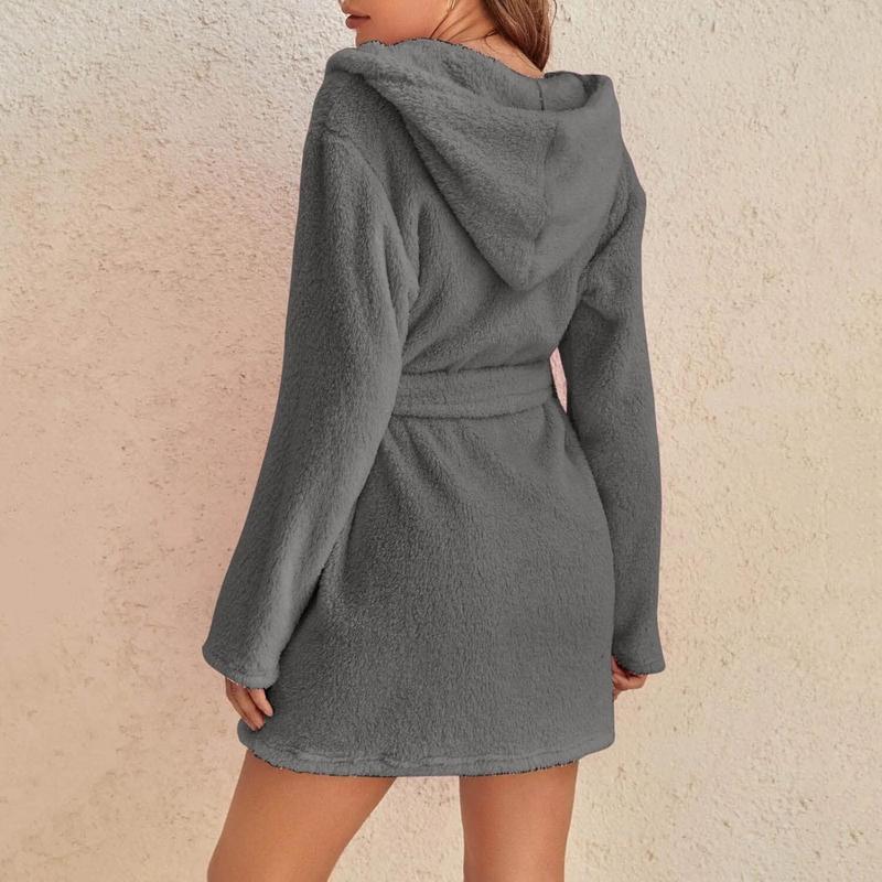 Womens Fuzzy Robe Hooded Short Robe Fall Winte Belt Knee Length Plush Robe Sleepwear Pockets Spa Bathrobe