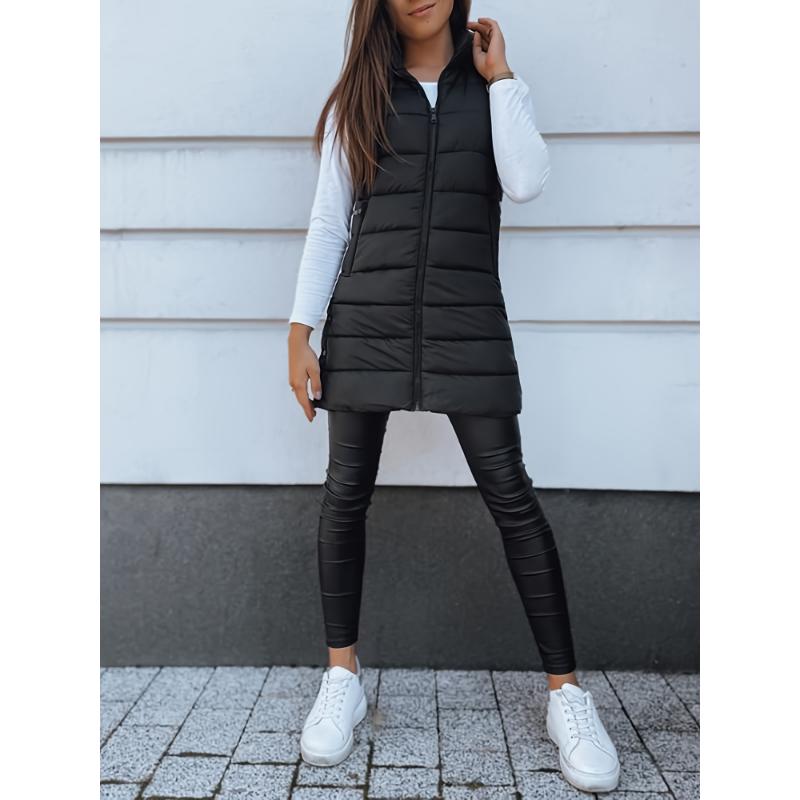 Women Long Vest Solid Color Sleeveless Hood Winter Puffer Vest Outwear