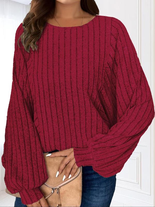  Solid Ribbed Batwing Sleeve Pullover Sweatshirt, Casual Long Sleeve Round Neck Pullover for Spring & Fall, Women's Clothing for Daily Wear