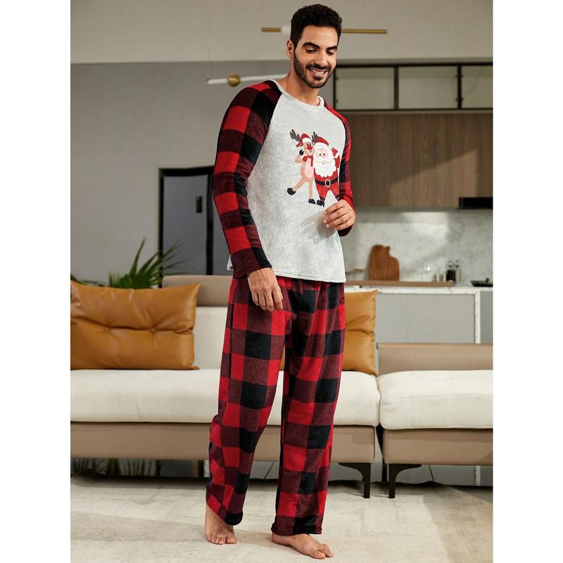 CoupledUp 1pc Christmas Print Raglan Sleeve Tee & 1pc Buffalo Plaid Print Pants PJ Set   Pajama Set