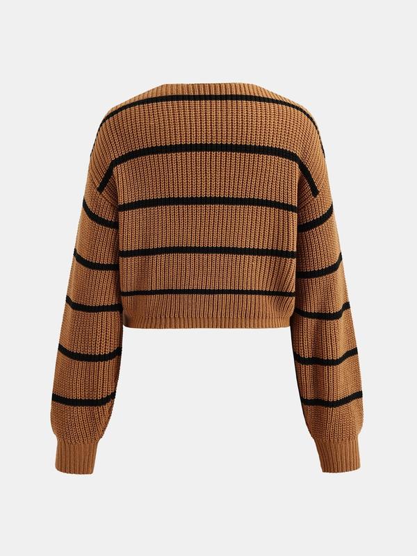 YOZY Christmas Deals, Striped Print Drawstring V Neck Crop Sweater  Casual Bishop Sleeve Ruched Jumper, 2024 Women's Fall & Winter Outfits for Daily Wear, Christmas 2024 Trend, Fall & Winter Clothes