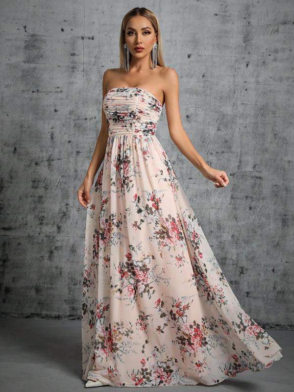 Women's Floral Print Ruched Backless Tube Bridesmaid Dress, Elegant Sleeveless Strapless Maxi Dress for Party Wedding Guest, Ladies Formal Clothes for All Seasons