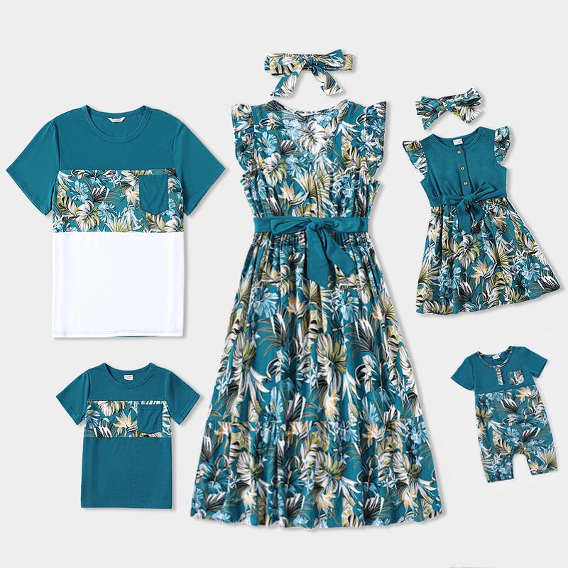 PatPat Family Matching All Over Floral Print Blue V Neck Ruffle Dresses and Short-sleeve Splicing T-shirts Sets