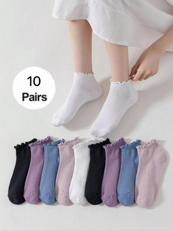 Women's 10 Pairs Solid Lettuce Trim Crew Socks, Preppy Style Breathable Socks for Daily Wear, Women's Socks for All Seasons