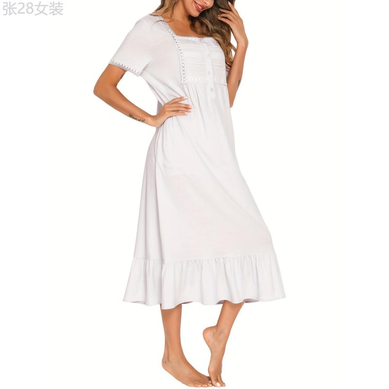 Lace Stitching Nightdress, Cute Square Neck Short Sleeve Ruffle Hem Dress, Women's Sleepwear & Dresses