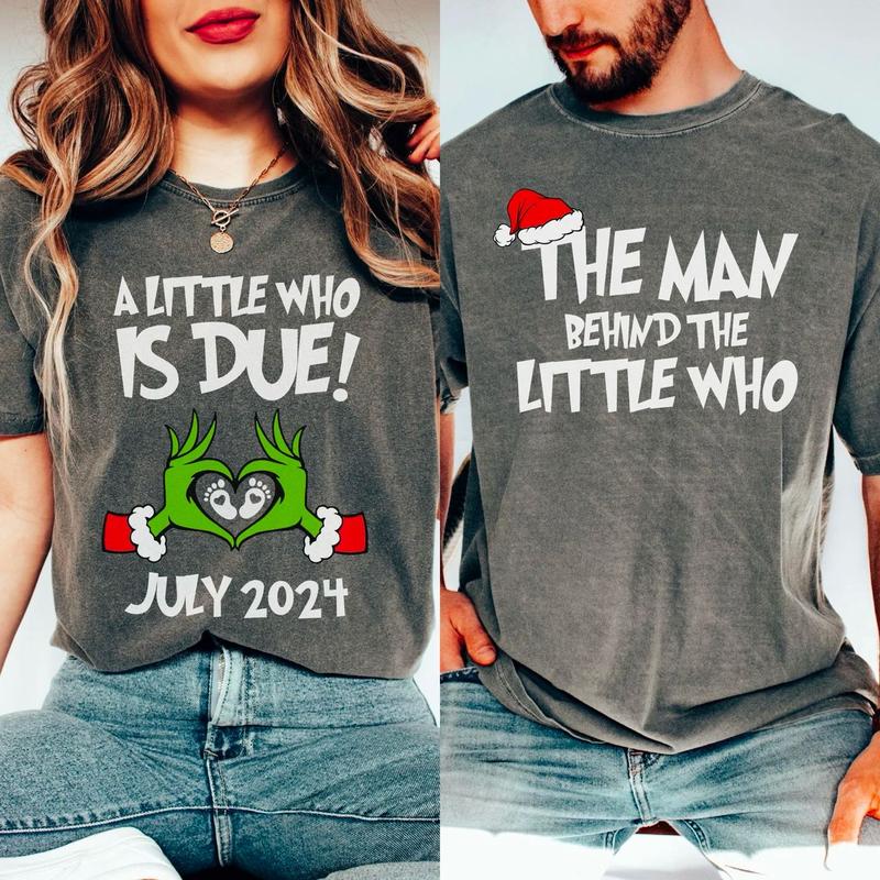 Personalized A Little Who Is Due Couple Sweatshirt, Mommy To Be Shirt, New Dad Shirt, Christmas Pregnancy Reveal Sweatshirt, Christmas Holiday Maternity Sweatshirt, Christmas Pregnant Shirt, Baby Reveal Xmas Party Shirt