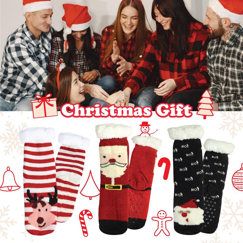 Christmas Slipper Socks for Women, 2 Pairs Cozy Anti-Slip Grip Socks, Fleece Cuffs, Thick Winter Socks