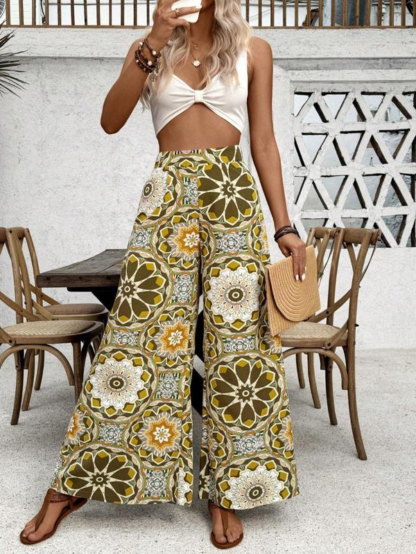 Women's Ethnic Pattern High Waist Wide Leg Vintage Pants, Summer Outfits, Lady Boho Casual Comfort Elastic Waist Wideleg Trousers for Daily Wear, Ladies Bottoms for Spring & Fall, Womenswear