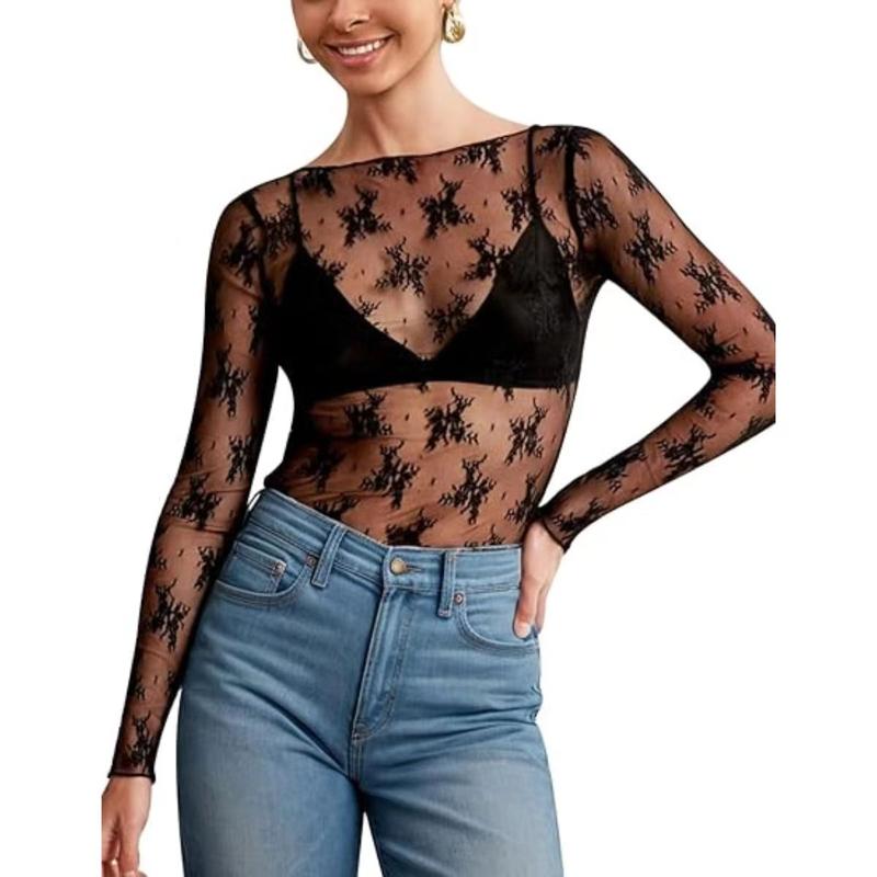 LOMON Womens Mesh Top Long Sheer Lace Top Cap Sleeve Embroidery Sheer Blouse Sexy See Through Shirt Lace Tops S-XL