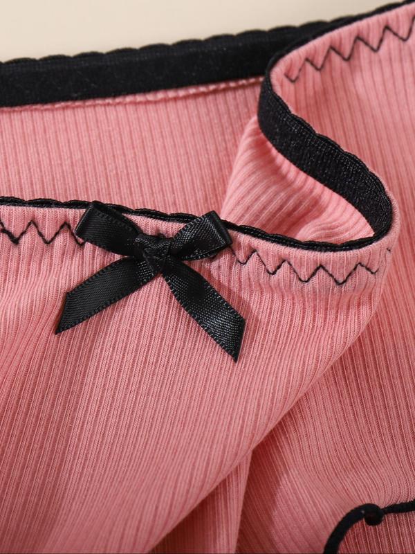 Women's Solid Bow Decor Lettuce Trim Ribbed Panty,  Girls Underwear Casual Comfy Breathable Knicker for Daily Wear, Ladies Underwear for All Seasons