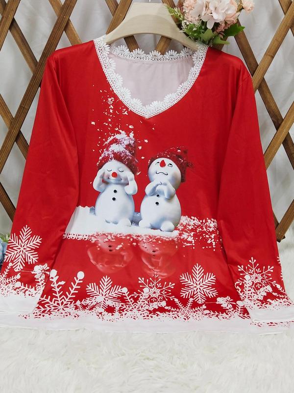  Christmas Snowman Print Contrast Lace V Neck Tee, Elegant 3 4 Sleeve T-shirt for Fall & Winter, Women's Clothing for Daily Wear