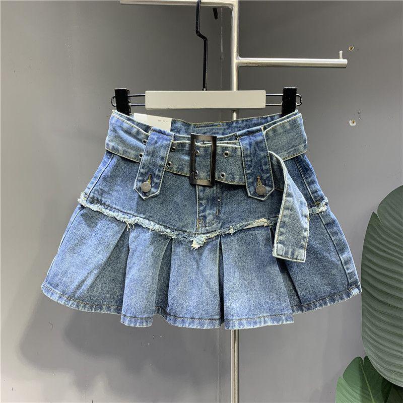 Women's Retro Light Blue Sweet and Spicy Pleated Denim Skirt New Plump Girls Slimming A- line Denim Miniskirt Womenswear Bottom