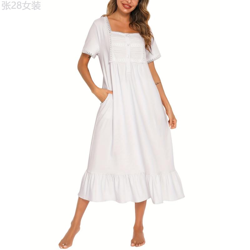 Lace Stitching Nightdress, Cute Square Neck Short Sleeve Ruffle Hem Dress, Women's Sleepwear & Dresses