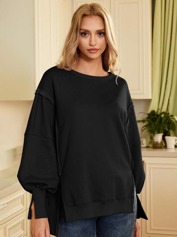 Women's Plain High Low Drop Shoulder Sweatshirt, Sweatshirts for Women, Casual Long Sleeve Round Neck Pullover for Fall & Winter, Ladies Clothes for Daily Wear