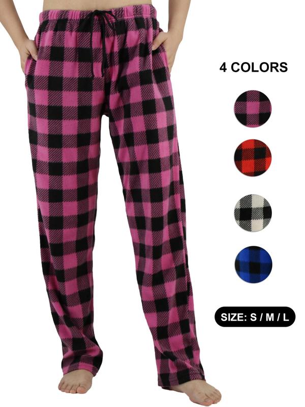 Women's Plaid Print Drawstring Waist Pocket Christmas Polar Fleece Lounge Pants, Casual PJ Clothes, Soft Comfortable Thermal Trousers For Fall & Winter, Women's Sleepwear Bottoms For Indoor Wear, Summer Clothes Women