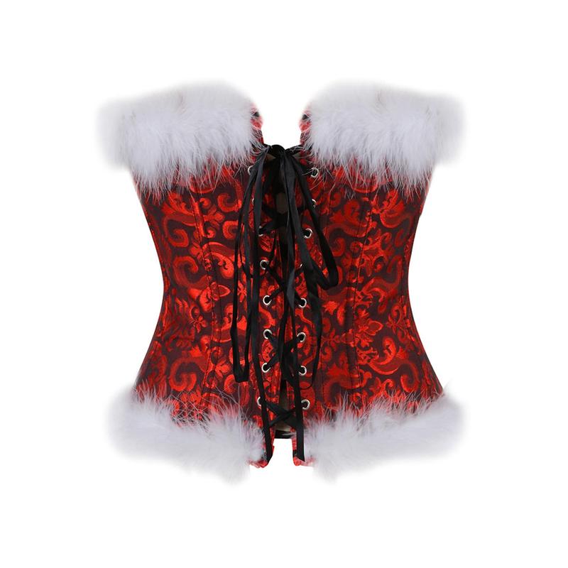 Christmas Ladies Corset Tops, Women Flower Printing Feathers Splicing Front Buckle Back Tie Up Shapewear Cosplay Costume, XS-5XL