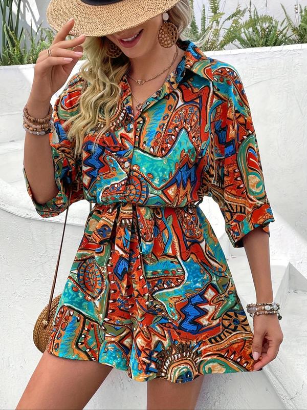 Women's Ethnic Pattern Belted Button Front Vintage Romper, Boho Batwing Sleeve Collar Romper for Beach Holiday Vacation, Ladies Clothes for All Seasons