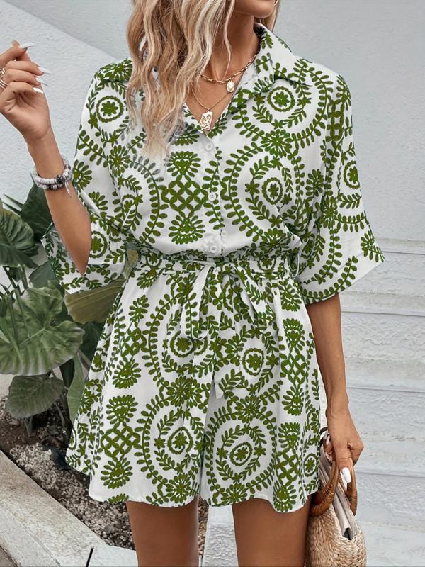 Women's Ethnic Pattern Belted Button Front Vintage Romper, Boho Batwing Sleeve Collar Romper for Beach Holiday Vacation, Ladies Clothes for All Seasons