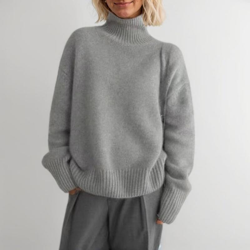 Women's Cashmere High Neck Long Sleeve Sweater Pure Color Cashmere Knit High Neck Short Pullover Loose Slouchy Sweater  Casual Loose Bottom Autumn and Winter Pullover Sweater