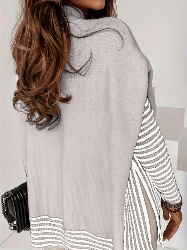 Women's Striped Patchwork Print Batwing Sleeve Split Hem Sweater, Casual Long Sleeve Mock Neck Jumper for Fall & Winter, Fashion Ladies' Knitwear for Daily Wear