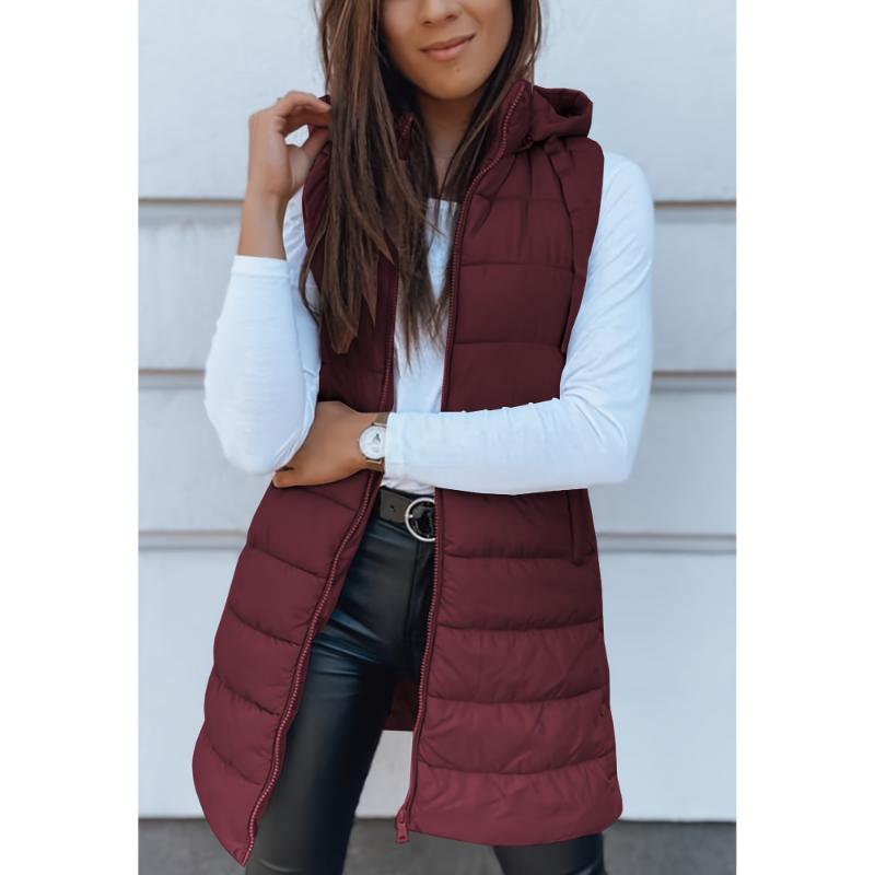 Women Long Vest Solid Color Sleeveless Hood Winter Puffer Vest Outwear