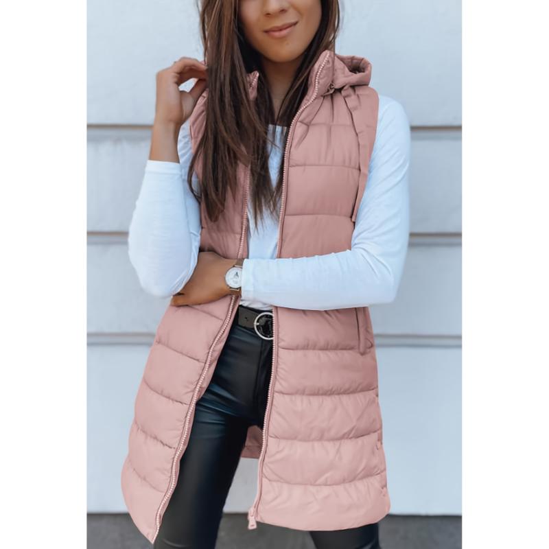 Women Long Vest Solid Color Sleeveless Hood Winter Puffer Vest Outwear