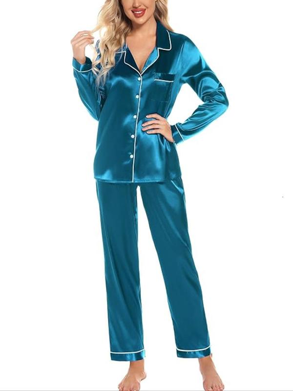 Women's Contrast Binding Lapel Shirt & Pants Ice Silk Loungewear Two-piece Set, Casual Comfy Long Sleeve Button Front Top & Trousers Pj Set, Ladies Sleepwear for Spring & Fall