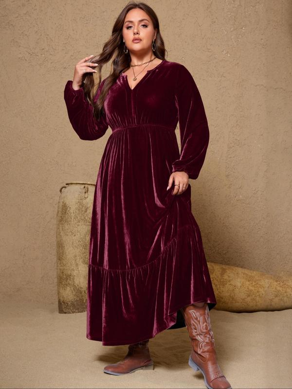  Solid Notched Neck Velvet Dress, Elegant Bishop Sleeve Ruffle Hem Dress for Party Holiday Wedding Guest, Plus Size Women's Clothing, Women's Clothes for Fall & Winter