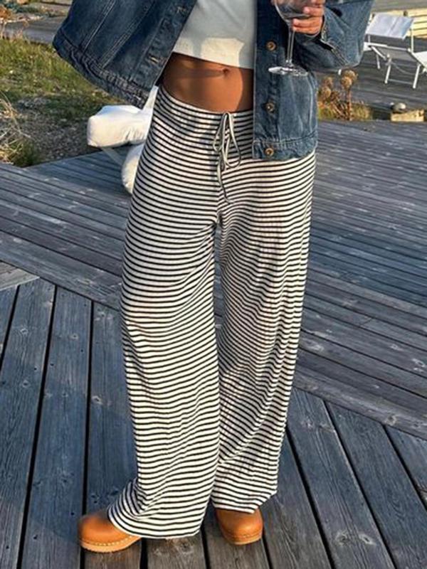 Women's Striped Print Tie Front Wide Leg Pants, Lady Comfort Casual Comfy Drop Waist Trousers for Fall, Pants for Women, Girl Clothes, Fashion Women's Bottoms for Daily Womenswear, Utah Girl Fits