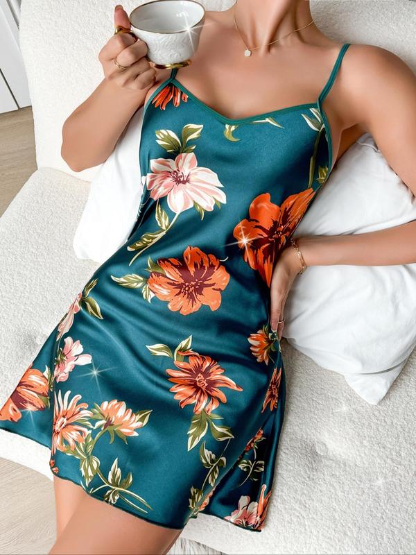 Women's Floral Print Cami Satin Nightdress, Chic Casual Soft Comfortable Spaghetti Strap Sleeveless Nightgown for All Seasons, Fashion Ladies' Sleepwear for Daily Wear