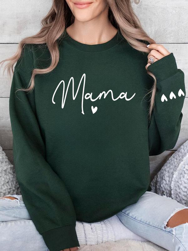 Women's Cartoon Mama Letter & Heart Print Pullover Sweatshirt, Casual Long Sleeve Crew Neck Pullover for Fall & Winter, Women's Clothes for Daily Wear