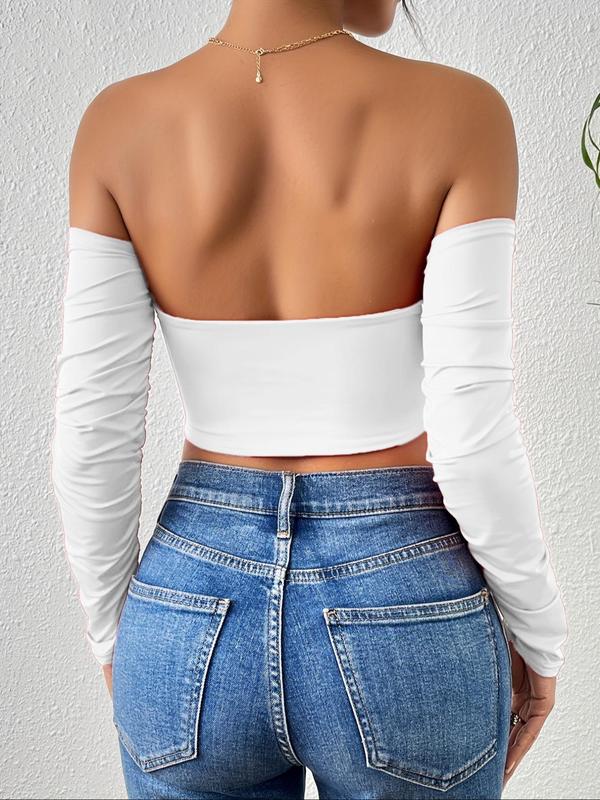 Women's Y2k Solid Off Shoulder Crop Tee, Fall Outfits, T Shirts for Women, Fallfreshness Elegant Ruched Drawstring Front Cropped Tee for Daily Dating Wear, Ladies Clothes for All Seasons