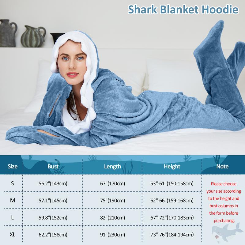 Shark Blanket Hoodie Onesie for Adults and Kids, Cozy Flannel Shark Costume Shark Sleeping Bag Loungewear Pajama