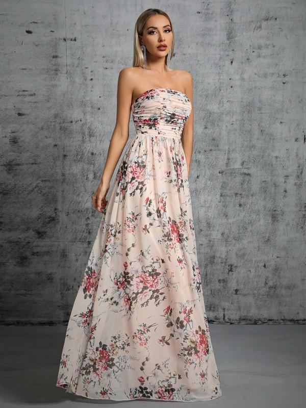 Women's Floral Print Ruched Backless Tube Bridesmaid Dress, Elegant Sleeveless Strapless Maxi Dress for Party Wedding Guest, Ladies Formal Clothes for All Seasons