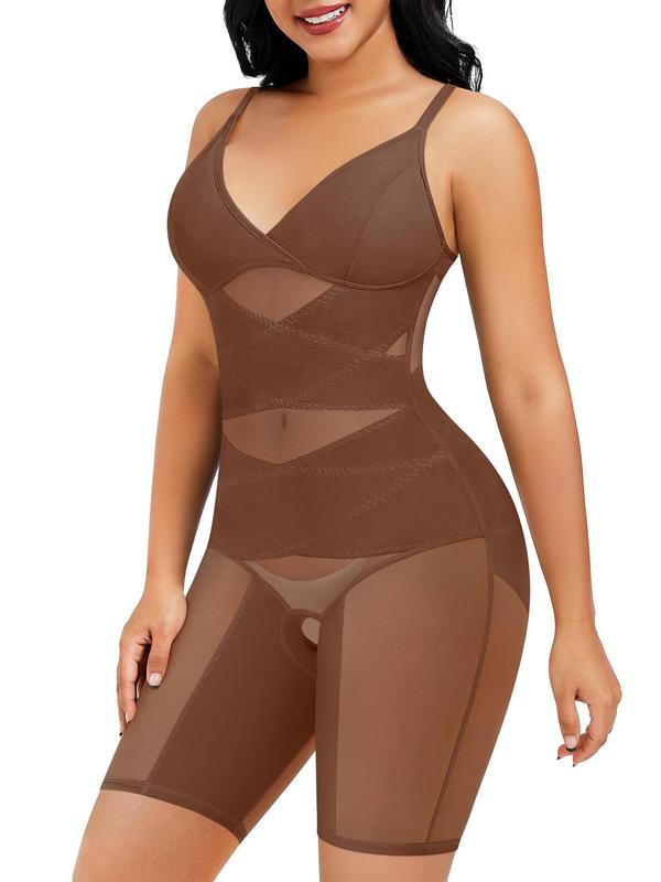 Womenswear Contrast Mesh Seamless Shapewear Bodysuit, Basic Minimalist Casual Solid Color Spaghetti Strap Shaper, Tummy Control Corset, Ladies Shapewear Clothing