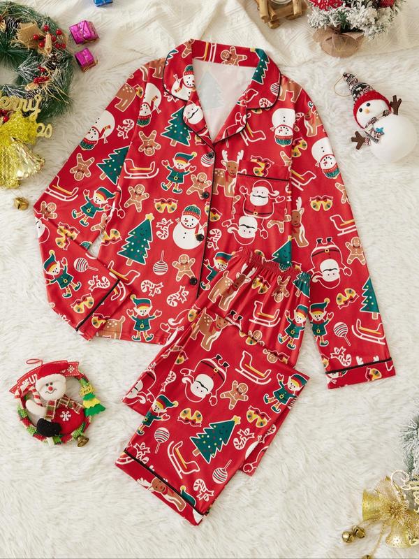 Two-Piece Set Women's Christmas Themed Plaid Print Pajama, Casual Pocket Lapel Neck Button Front Shirt & Elastic Waist Pants PJ Set, Women's Sleepwear for All Seasons