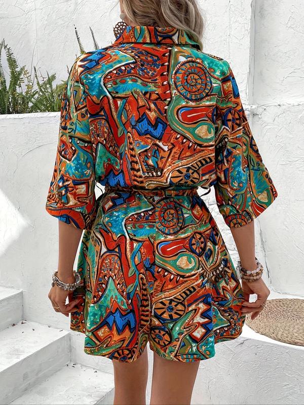 Women's Ethnic Pattern Belted Button Front Vintage Romper, Boho Batwing Sleeve Collar Romper for Beach Holiday Vacation, Ladies Clothes for All Seasons