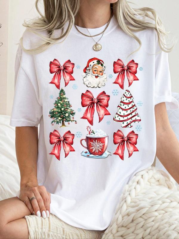 Women's Christmas Themed Print Round Neck Tee, Casual Short Sleeve Crew Neck T-shirt for Summer, Fashion Women's Top for Daily Wear