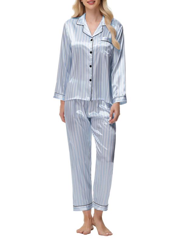 Women's Contrast Binding Lapel Shirt & Pants Ice Silk Loungewear Two-piece Set, Casual Comfy Long Sleeve Button Front Top & Trousers Pj Set, Ladies Sleepwear for Spring & Fall