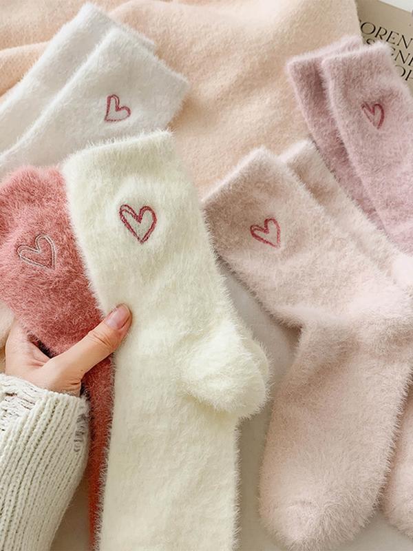 Women's Heart Jacquard Mid-calf Socks, Casual Soft Comfy Breathable Socks for Fall & Winter, Women's Socks for Daily Wear