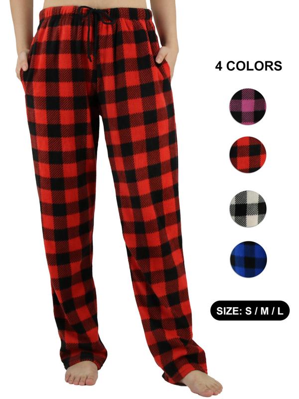 Women's Plaid Print Drawstring Waist Pocket Christmas Polar Fleece Lounge Pants, Casual PJ Clothes, Soft Comfortable Thermal Trousers For Fall & Winter, Women's Sleepwear Bottoms For Indoor Wear, Summer Clothes Women