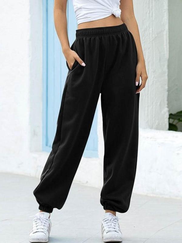 Women's Plain High Waist Pocket Sweatpants, Casual Sporty Jogger Pants for Daily Wear, Ladies Bottoms for All Seasons