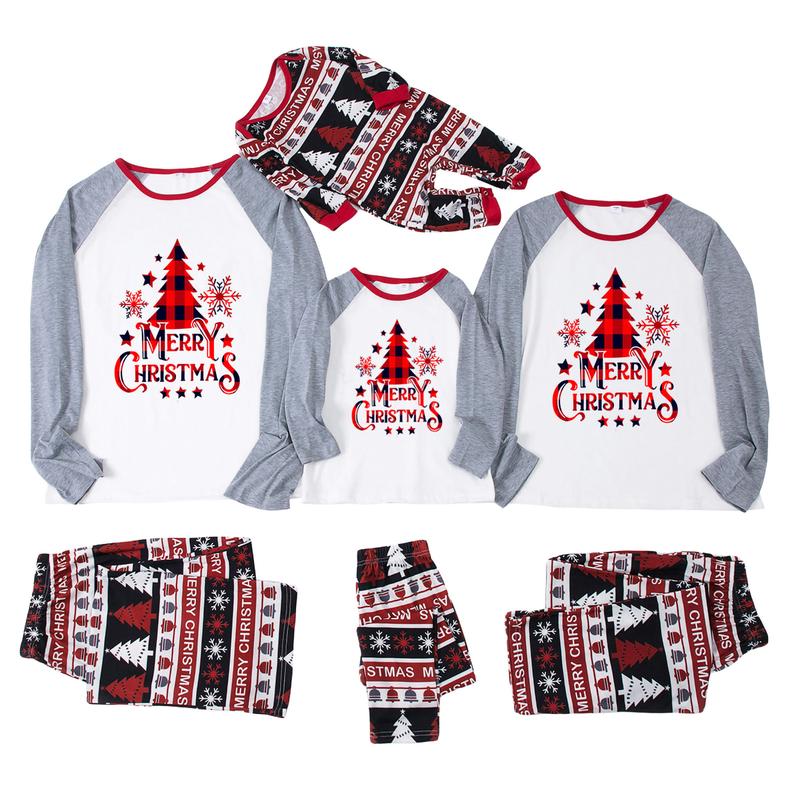 Matching Christmas Pajamas For Family Christmas Tree Letters Print Long Sleeve Tops and Stretch Casual Pants Sleepwear