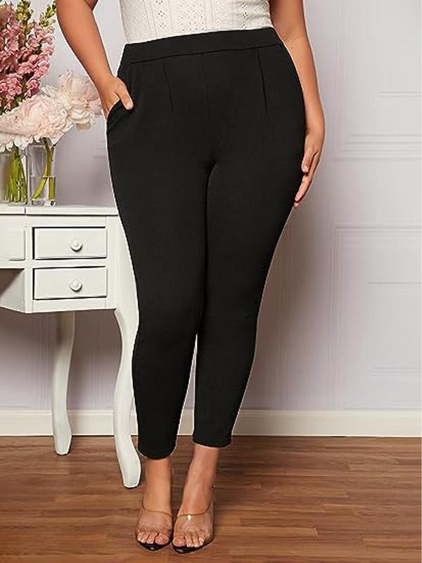 Plus Size Solid Color Pocket Leggings, Plus Plain Casual Comfy Skinny Pants for Women, Women's Bottoms for Spring & Fall